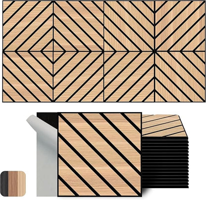 WoveN SounD Artisan Acoustic Wall Panels, 16 Pack 12x12 Inch, Wood Veneer Carved Sound Proof Wall Decor, Self-Adhesive for Home, Studio, Office & Focus Zones, Twill Pattern, Natural Oak