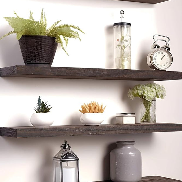 PHPH 24 Inch Wood Floating Shelves for Wall, Wooden Wall Shelves for Bedroom, Set of 4 Brown