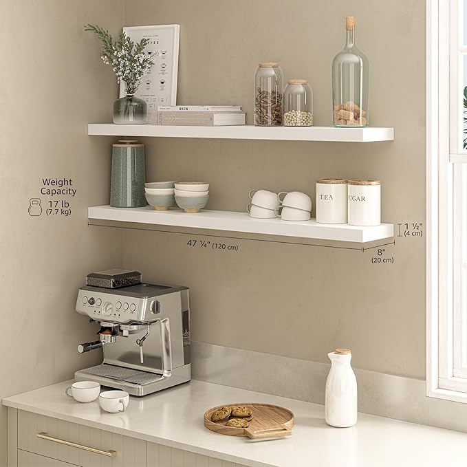 Ballucci Floating Shelves for Wall, 48" Wood Wall Shelf Set of 2, with Invisible Brackets for Bathroom, Living Room, Bedroom, Kitchen, Nursery, 8" Deep, White