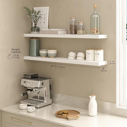 Ballucci Floating Shelves for Wall, 48" Wood Wall Shelf Set of 2, with Invisible Brackets for Bathroom, Living Room, Bedroom, Kitchen, Nursery, 8" Deep, White