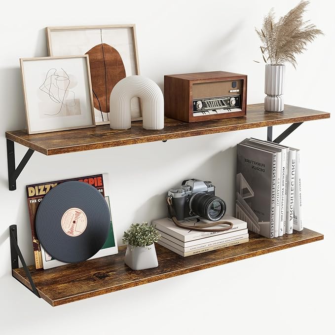 Deep Floating Shelves for Wall,36Wx8D Wall Mounted Shelves Set of 2,Wall Storage Floating Shelf with Sturdy Metal Brackets for Living Room,Bathroom,Kitchen,Office,Rustic Brown