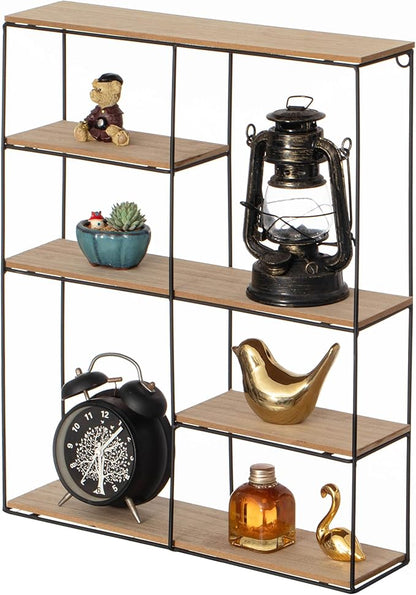 Vintiquewise Rectangular 4-Tier Floating Wall Shelf - Metal and Wood Wall-Mounted Display Shelf - Multi-Functional Wall Storage, Perfect for Entryway, Bathroom, Bedroom, Living Room, or Office