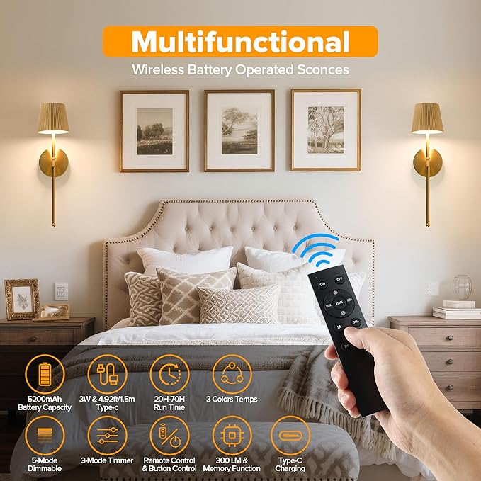 LUTEC Cordless Wall Sconces Set of 2, 5200mAh Wireless Rechargeable Battery Operated LED Wall Lamps, 3 Color Stepless Dimming Portables Lightings for Wall Painting/Living Room/Bedroom/Hallway Decor