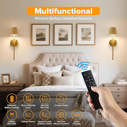 LUTEC Cordless Wall Sconces Set of 2, 5200mAh Wireless Rechargeable Battery Operated LED Wall Lamps, 3 Color Stepless Dimming Portables Lightings for Wall Painting/Living Room/Bedroom/Hallway Decor