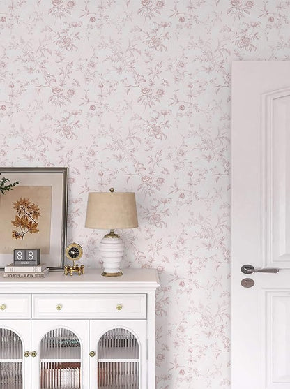 Ismoon Floral Peel and Stick Wallpaper Pink Stick on Wall Paper Vintage French Contact Paper for Cabinet Textured Removable Self Adhesive Wallpaper Vinyl Roll Shelf Deco, 17.3x196in