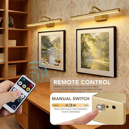 Picture Light,Picture Lights for Wall Cordless,16" Picture Lights with Timer and Dimmable,Battery Wall Lights for Display Gallery Painting Art Frame Portrait-L Gold