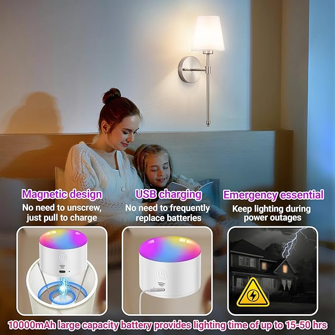 Battery Operated Wall Sconce Set of 2, Rechargeable Wall Sconce with 10000mAh Bulb and Remote Control, Up to 50 Hrs Use, RGB Dimmable Wireless Wall Lights for Living Room Bedroom Hallway