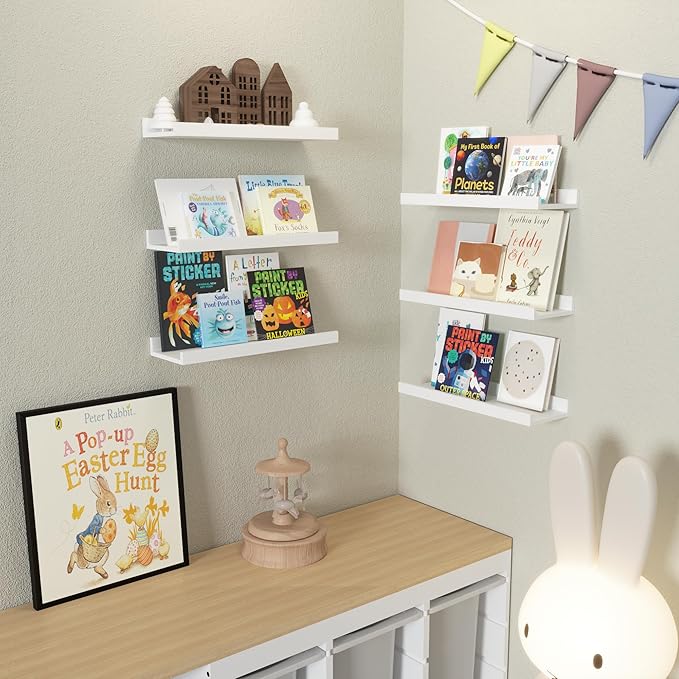 Floating Shelves Set of 6, White Wall Shelves with Lip, Display Shelves for Wall Decor, Modern Picture Ledge for Living Room, Bedroom, Nursery, Bathroom, Pictures, Books, Plants- White