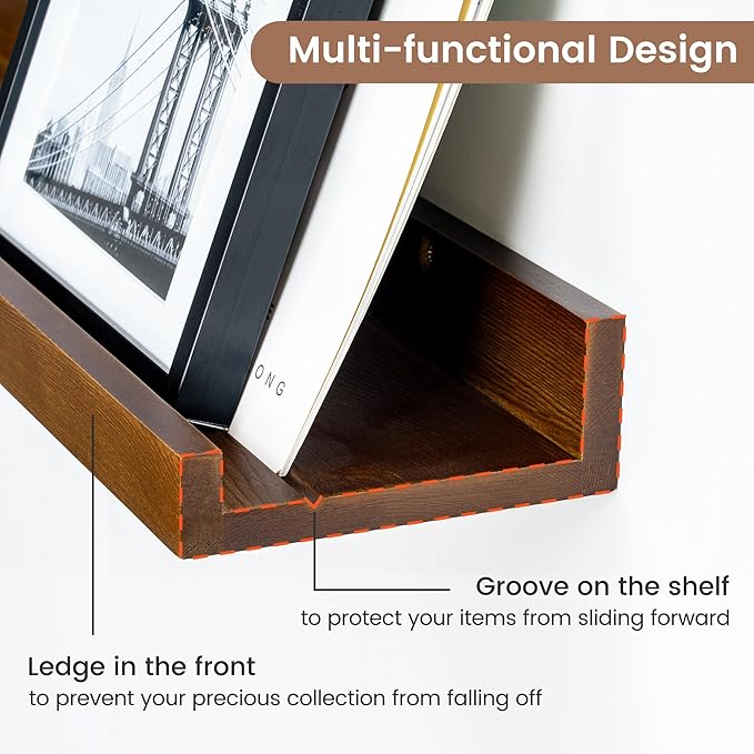 Picture Ledge Wall Shelves 24 inches Width Set of 3, Solid Pine Wood Rustic Floating Ledge Shelves for Wall for Kids' Room Bedroom Kitchen Bathroom Living Room Nursery Display Wall Decor, Walnut