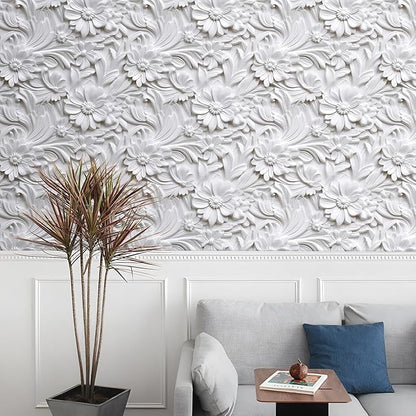 LACHEERY 3D Floral Wallpaper Peel and Stick Faux Embossed Wallpaper 17.5"x276" White Flower Wallpapers Vinyl Floral Contact Paper Peel and Stick Accent Wall Paper for Bedroom Bathroom Walls Cabinets