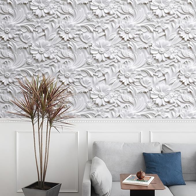 LACHEERY 3D Embossed Wallpaper White Floral Peel and Stick Wallpaper Modern Self Adhesive Removable Leaf Flower Contact Paper for Cabinets and Drawers Bedroom Living Room Wall Paper Roll 17.5