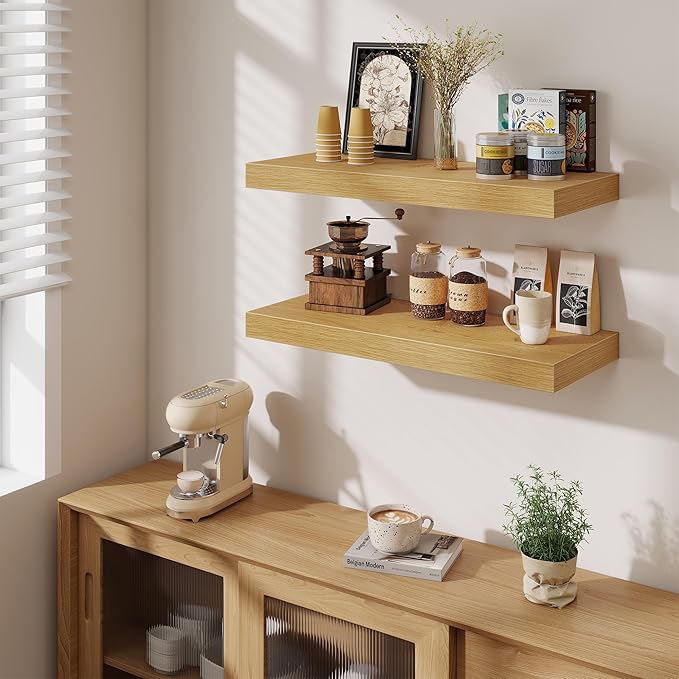 Fun Memories 12 Inch Deep Floating Shelves for Wall, 30 Inch Long Floating Shelf, 30 x 12 Shelf for Wall, Rustic Wood Bookshelves, Hanging Shelves for Bathroom Kitchen Bedroom, Oak, Set of 2