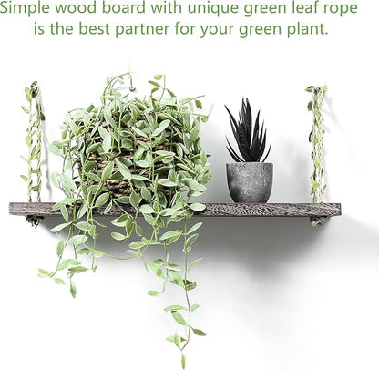 MITIME Leaf Rope Hanging Floating Shelves, Wall Swing Storage Shelf for Home Decor.17, 2-Pack (Retro Color)