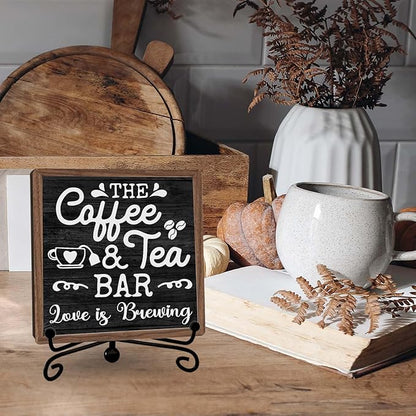 Farmhouse Coffee Bar Decor, Coffee Tea Wooden Signs for Home Office Desk Shelf, Rustic Tabletop Centerpieces for Kitchen Accessories - A04