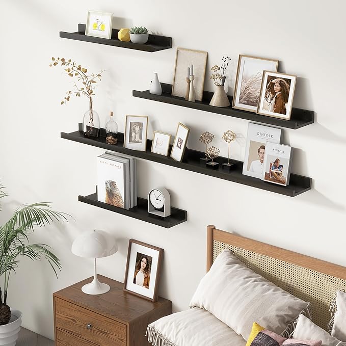 Picture Ledge Wall Shelves 16 inches Width Set of 3, Solid Pine Wood Rustic Floating Ledge Shelves for Wall for Kids' Room Bedroom Kitchen Bathroom Living Room Nursery Display Decor, Black
