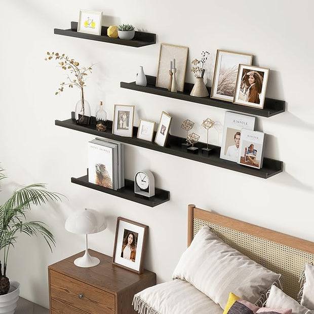 Picture Ledge Wall Shelves 48 inches Width Set of 3, Solid Pine Wood Rustic Floating Ledge Shelves for Wall for Kids' Room Bedroom Kitchen Bathroom Long Floating Shelves for Wall Decor, Black