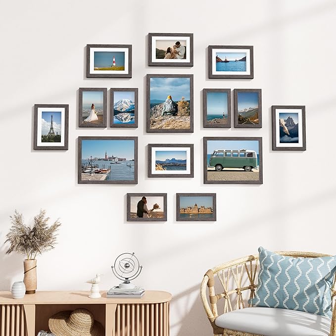 Vittanly 15 Pack Picture Frames Collage Wall Decor for Mounting or Tabletop Display, Gallery Frame Set for Family, Multi Sizes Including 3pcs 8x10, 6pcs 5x7, 6pcs 4x6, Rustic Grey