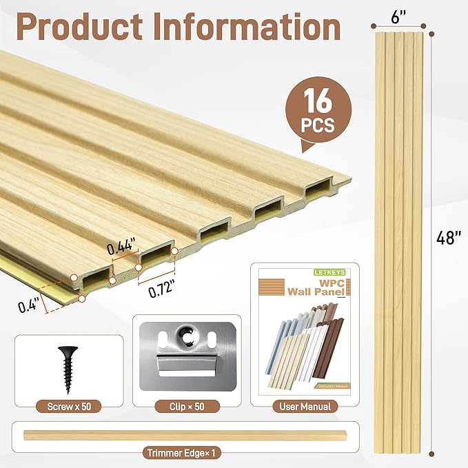 WPC Slat Wall Panels, 16 Packs 48 x 6 Inch WPC 3D Wood Wall Paneling for Interior Wall Decor, Living Room, Bedroom, TV Background, Wainscoting Panels for Wall Decor, Light Maple