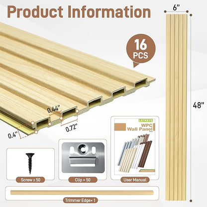 WPC Slat Wall Panels, 16 Packs 48 x 6 Inch WPC 3D Wood Wall Paneling for Interior Wall Decor, Living Room, Bedroom, TV Background, Wainscoting Panels for Wall Decor, Light Maple