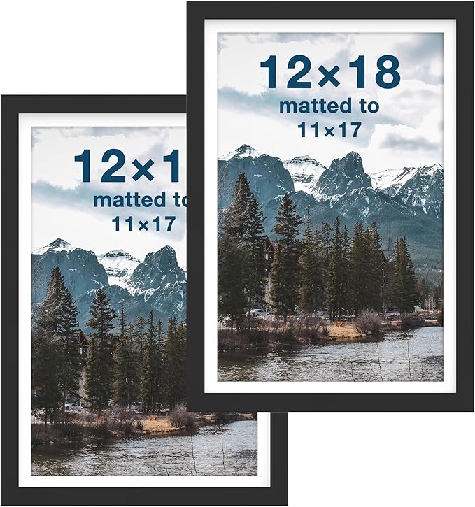 FrameWorks 2-Pack, 12x18 Matted to 11x17 Picture Frame, Black – Classic Wooden Photo Frame with Tempered Glass, Modern Matte Finish for Prints, Posters, Certificates & Wall Decor – Gallery-Ready