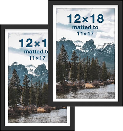 FrameWorks 2-Pack, 12x18 Matted to 11x17 Picture Frame, Black – Classic Wooden Photo Frame with Tempered Glass, Modern Matte Finish for Prints, Posters, Certificates & Wall Decor – Gallery-Ready