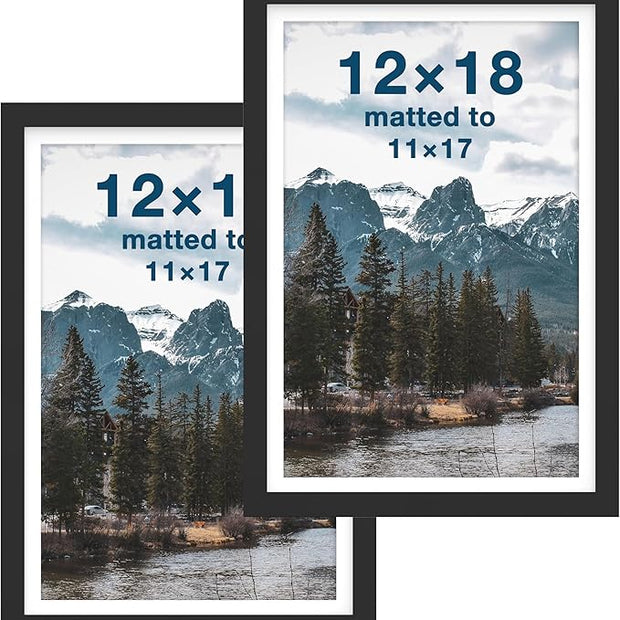 FrameWorks 2-Pack, 12x18 Matted to 11x17 Picture Frame, Black – Classic Wooden Photo Frame with Tempered Glass, Modern Matte Finish for Prints, Posters, Certificates & Wall Decor – Gallery-Ready