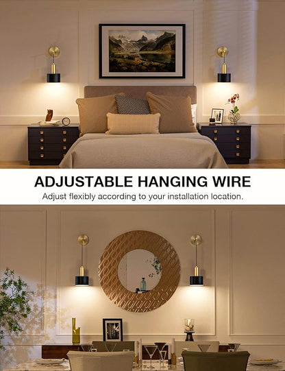 NIORSUN Battery Operated Wall Sconce Set of 2, Gold & Black Wireless Rechargeable Wall Lights with 5200mAh Dimmable Detachable Bulbs and Remote, 9 Colors Sconces Wall Decor for Bedroom Living Room