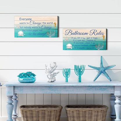 Jetec 2 Pieces Funny Bathroom Signs Bathroom Wall Decor Toilet Wall Accessories Farmhouse Toilet Rustic Wooden Signs, 12x6 Inch(Sea World Style)