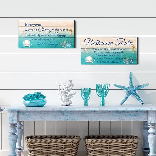 Jetec 2 Pieces Funny Bathroom Signs Bathroom Wall Decor Toilet Wall Accessories Farmhouse Toilet Rustic Wooden Signs, 12x6 Inch(Sea World Style)