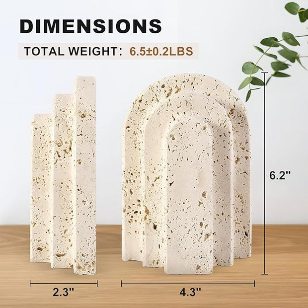 Natural Marble Book Ends - Heavy Duty Bookends for Shelves - Aesthetic Layered Arch Design Stone Book Holders, Unique Modern Office Bookshelf Stopper Decor for Books/CDs(Travertino Turkey)