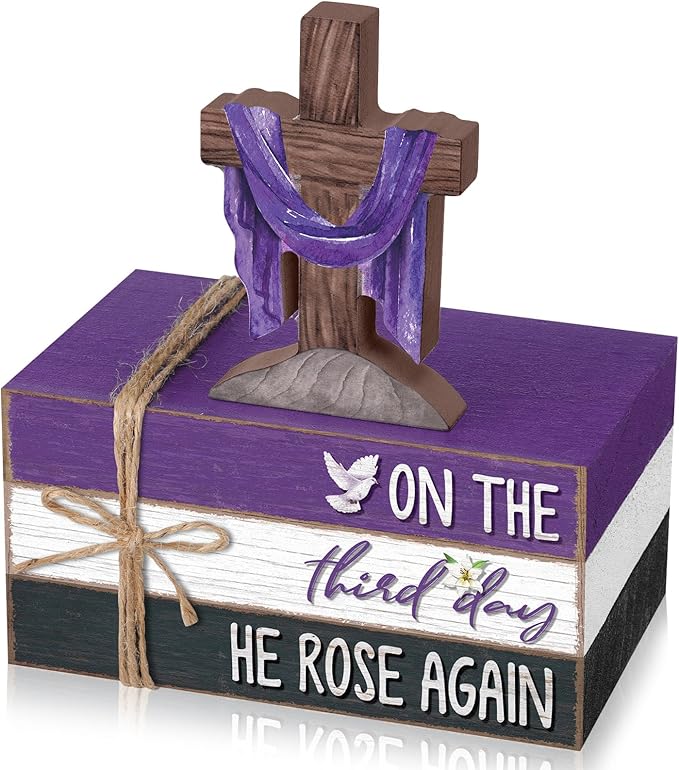 Geelin 4 Pcs Easter Lent Decorations for home, He Is Risen Wooden Sign Christian Tabletop with Cross and Scripture Theme for Table, Tiered Tray, Desk, Shelf, Faith Spring Decor