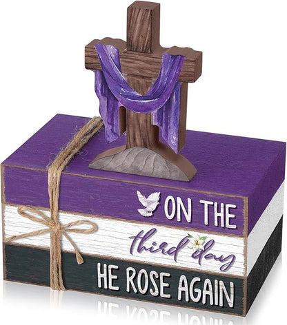Geelin 4 Pcs Easter Lent Decorations for home, He Is Risen Wooden Sign Christian Tabletop with Cross and Scripture Theme for Table, Tiered Tray, Desk, Shelf, Faith Spring Decor
