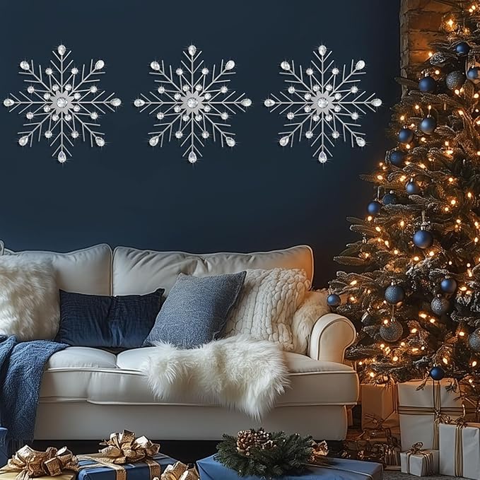 ZEXUIRU 3 Pack Silver Sunburst Wall Decor – Metal Crystal Wall Art with Sparkling Rhinestones, 14’’/18 Inch Starburst Wall Hanging Set for Living Room Bedroom Bathroom – Modern Bling Home Decorations