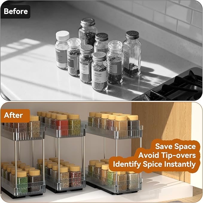 3 Pack Pull Out Spice Rack Organizer for Cabinet, 2 Tier Slide Out Spice Racks Organizer, Spice Cabinet Organizers, Cabinet Size Need:12'' High x 11'' Deep x 5'' Wide, Clear Acrylic