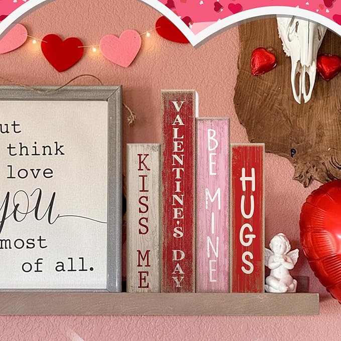 4 Pcs Valentines Day Decoration Wooden Book Valentine's Day Table Decoration Pink Red and White Valentines Tiered Tray Decor Wood Book Sign Farmhouse for Wedding Home Shelf Coffee Table