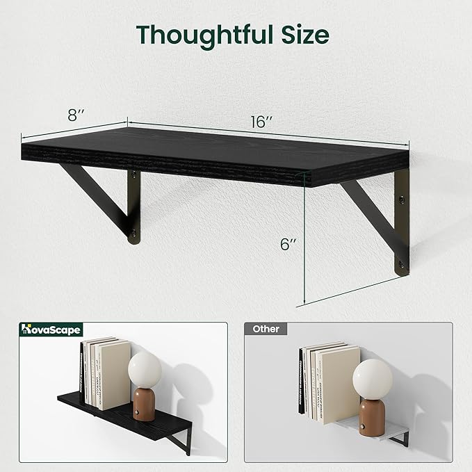 Floating Shelves, 8 Inch Deep Rustic Wood Wall Storage, 16W x 8D Wall Shelves Set of 2, Heavy Duty Metal Brackets, Industrial Book Shelf for Living Room, Kitchen, Bathroom, Bedroom, Black