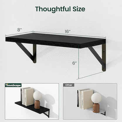 Floating Shelves, 8 Inch Deep Rustic Wood Wall Storage, 16W x 8D Wall Shelves Set of 2, Heavy Duty Metal Brackets, Industrial Book Shelf for Living Room, Kitchen, Bathroom, Bedroom, Black