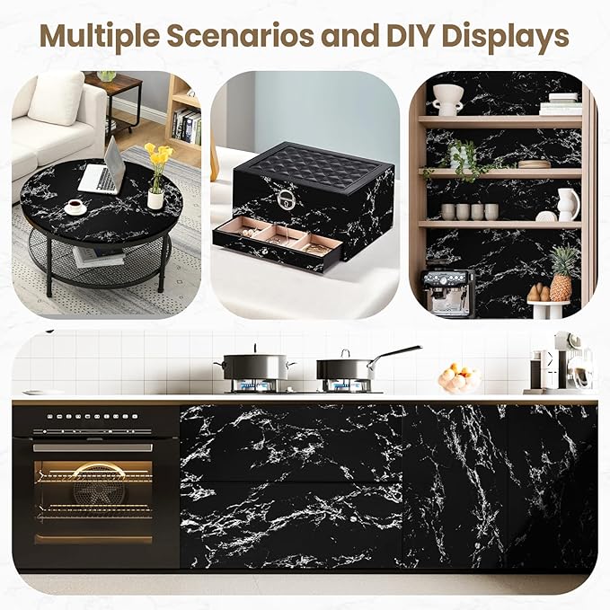 practicalWs Glossy Marble Wall Paper Granite Black/Grey Kitchen Countertop Cabinet Furniture Refurbishment Removable Wallpaper Peel and Stick Vinyl Roll 23.6" x 118.1"