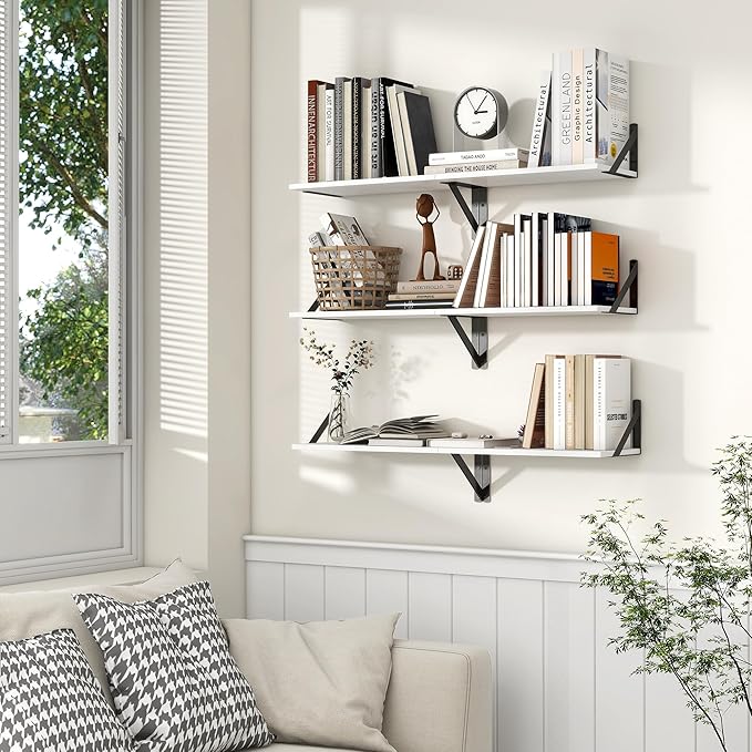 Axeman White Floating Shelves for Wall, 16''W x 8''D Floating Shelves Set of 2, 8 Inch Deep Wall Shelves for Bookshelf Living Room Bedroom Home Office Bathroom