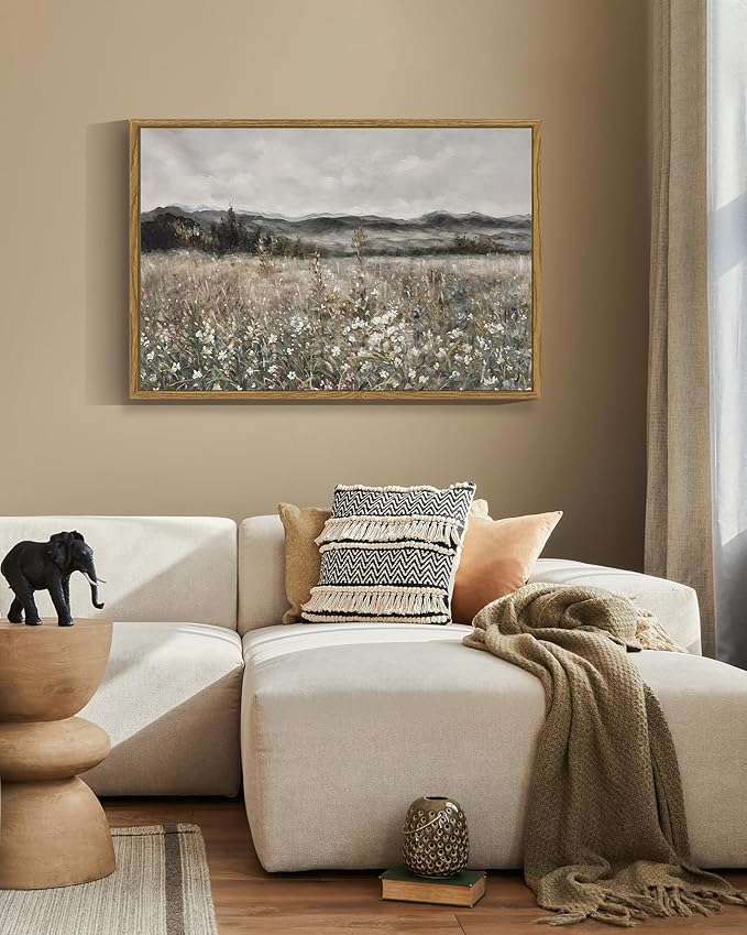 SHENIFY 24x36in Large Vintage Landscape Framed Canvas Wall Art Prairie in Full Bloom Classic Painting Modern Farmhouse Bathroom Office Decor - Natural Framed