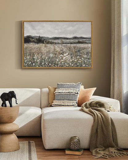 SHENIFY 24x36in Large Vintage Landscape Framed Canvas Wall Art Prairie in Full Bloom Classic Painting Modern Farmhouse Bathroom Office Decor - Natural Framed