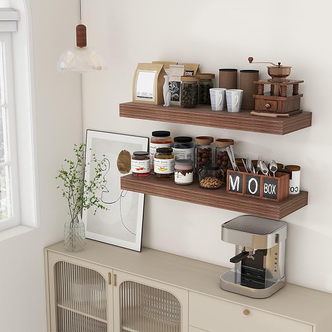 Deep Floating Shelves | 36 Inch Walnut Floating Shelves Set of 2 | 12 Inch Deep Rustic Wood Shelves for Wall | 36