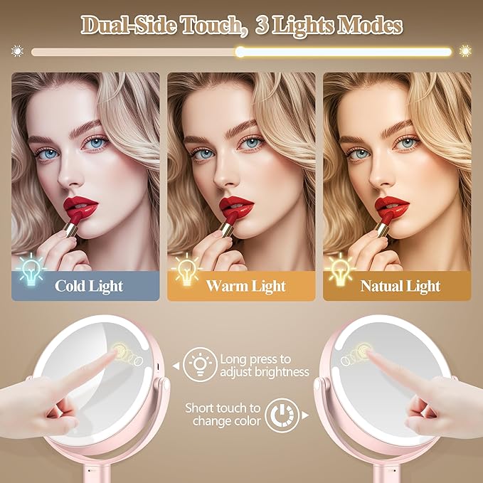 Makeup Mirror with Lights, Double Sided 1x/30x Magnifying Mirror with Light, Rechargeable 3 Color Lights and Adjustable Brightness, 360° Rotation Detachable Comes with Tweezer(Blush-30X)