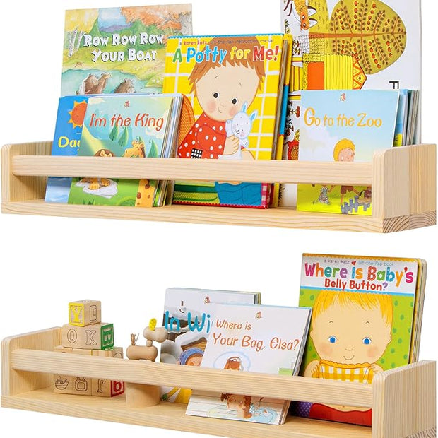 Fun Memories Nursery Book Shelves, 24Inch Floating Shelf for Wall, Wall Bookshelf for Kids Solid Wood Wall Mounted Shelves for Books,Toys and Decor Storage, Set of 2