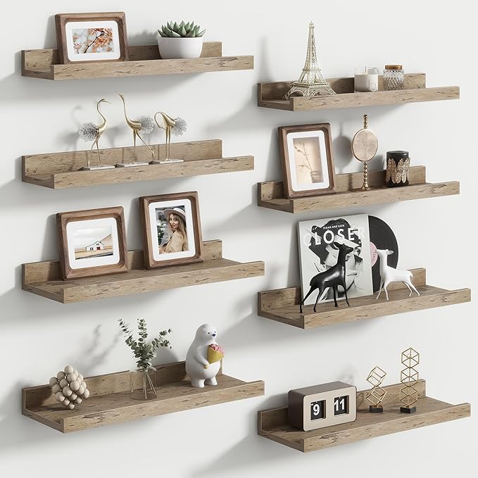 Floating Picture Ledge Shelves for Wall Set of 8, 16 Inch Wall Shelves with Lip Long Large Nursery Book Shelf for Toys Storage Kids Bookshelf Wall Mounted Living Room Bedroom Decor Frames