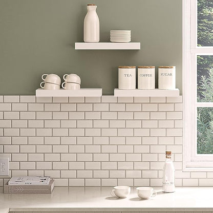 Ballucci Floating Shelves, 16" Wood Wall Shelf Set of 3, Invisible Brackets Floating Shelf for Wall Decor Living Room, Bathroom, Bedroom, Kitchen, 6" Depth, White