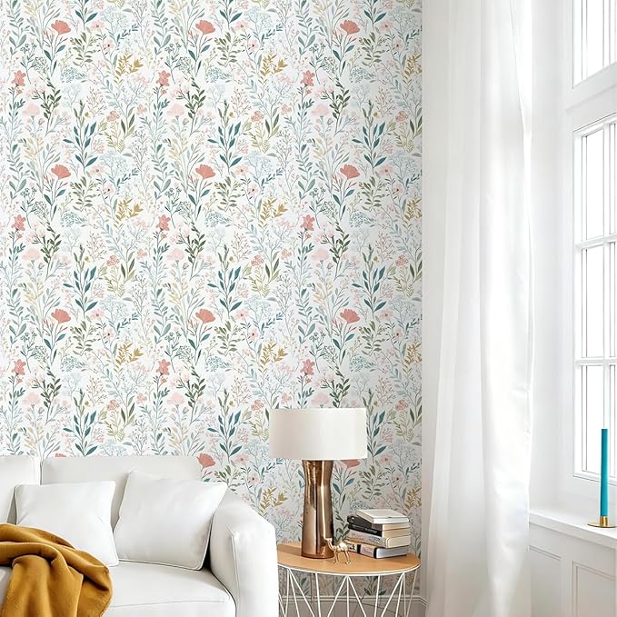 Floral Peel and Stick Wallpaper Boho Floral Contact Paper 16.9" x 196.8" Modern Wildflower Self Adhesive Wallpaper for Bathroom Flower Decorative Removable Wall Paper for Bedroom Cabinets
