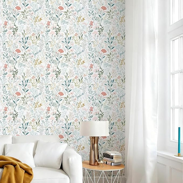 Floral Peel and Stick Wallpaper Boho Floral Contact Paper 16.9" x 196.8" Modern Wildflower Self Adhesive Wallpaper for Bathroom Flower Decorative Removable Wall Paper for Bedroom Cabinets