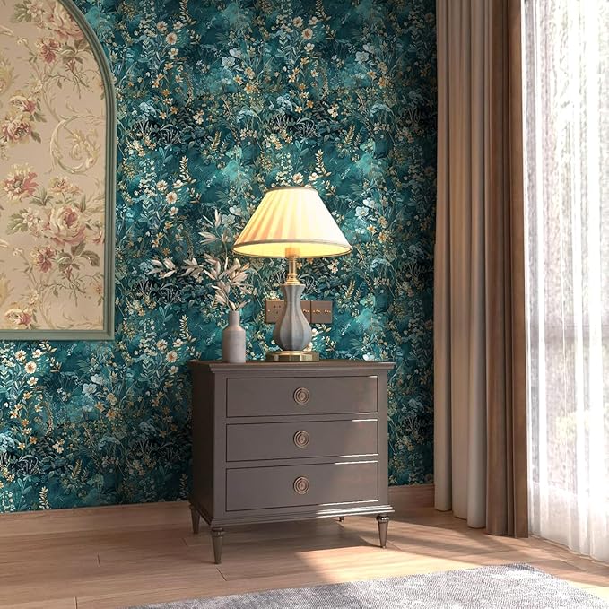 Floral Peel and Stick Wallpaper Green Flower Contact Paper 16.9inch x 196.8inch Botanical Self Adhesive Wallpaper for Bedroom Bathroom Vintage Decorative Cabinet Removable Paper Vinyl Roll