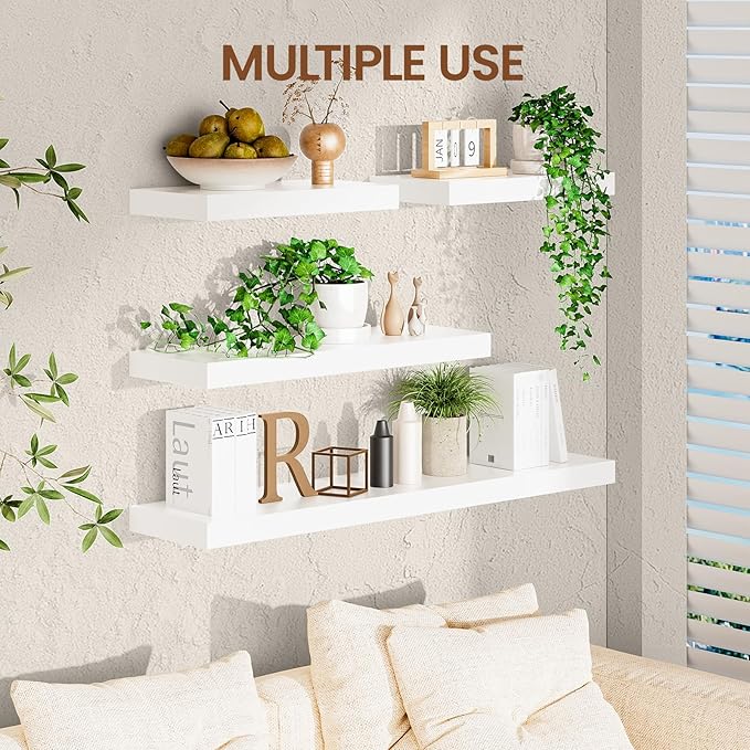 Heimlove 24 Inch Floating Shelves for Wall White Shelves Set of 2,Wall Mounted Rustic Wood 8 Inch Deep Floating Shelf with Invisible Brackets for Bedroom Kitchen Living Room
